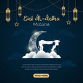 Happy Eid Al Adha mubarak celebration banner with moon and cow goat paper cut effect on blue night color background. Eid Al Adha Royalty Free Stock Photo