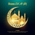 Happy Eid Al Fitr background with a gold moon and mosque