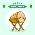 Happy Eid Al-Fitr Card Illustration, Bedug drum with stick cartoon icon Illustration, People Religion icon concept, flat cartton