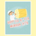 Happy Eid Al-Fitr Greeting Card, Boy Hitting Bedug Vector Royalty Free Stock Photo