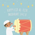 Happy Eid Al-Fitr 1441 H Card Vector Design. Cute Muslim Boy Hitting Bedug Royalty Free Stock Photo