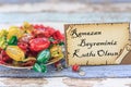 Happy eid al fitr in turkish on the card with candies on vintage Royalty Free Stock Photo