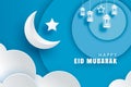 Happy Eid Mubarak greeting card with crescent moon paper ar