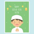 Happy Eid Al-Fitr Greeting Card, Muslim Boy Vector Design