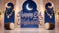 Happy Eid Mubarak Greeting with Crescent Moon and Decorative Lanterns Royalty Free Stock Photo