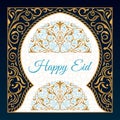 Happy Eid mubarak greeting design, happy holiday words with golden mosque and floral background Royalty Free Stock Photo