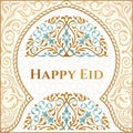 Happy Eid mubarak greeting design, happy holiday words with golden mosque and floral background