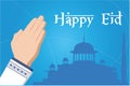 Happy eid mubarak islamic greetings with mosque background
