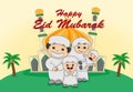 Happy Eid Mubarak With Muslim Family And Mosque background With  light orange Sky Cartoon Vector Illustration Royalty Free Stock Photo