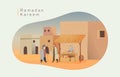 Happy eid mubarak and ramadan concept. people buy food for iftar in the market illustration for Header page, UI, Story board, Book