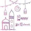 Happy Eid Mubarak greeting, hand drawing style with mosque,lanterns and crescent moon