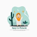Happy Eid Mubarak, Ramadan Kareem, Islamic design, greeting card template. Happy muslim kids flat illustration design Royalty Free Stock Photo