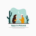 Happy Eid Mubarak, Ramadan Kareem, Islamic design, greeting card template. Young men and girls hand shaking for muslim party with Royalty Free Stock Photo