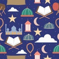 Happy Eid Mubarak. Ramadhan stuff seamless pattern isolated on navy blue background. Ramadhan holy festival concept. Islamic Holy