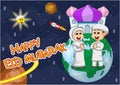 Happy eid mubarak with space illustrations, Muslim children, mosques, stars, planets, earth and sun cartoon vector illustration