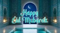Happy Eid Mubarak Greeting Inside Blue Mosque Hall with Crescent Moon Royalty Free Stock Photo