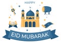 Happy Eid ul-Fitr Mubarak Cartoon Background Illustration with Pictures of Mosques, Ketupat, Bedug, and Others