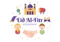 Happy Eid ul-Fitr Mubarak Cartoon Background Illustration with Pictures of Mosques, Ketupat, Bedug, and Others