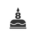 Happy eighth birthday icon. Cake with a candle in the form of the number 8. Vector symbol EPS 10