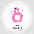 Happy eighth Birthday postcard. Pink number seven and Happy Birthday calligraphy lettering elements. Cartoon flat vector design.