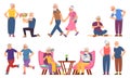 Happy elderly activity. Retirement seniors activities, healthy old people. Cartoon granny run, knit and meditating