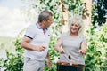 Happy elderly couple barbequing together. Royalty Free Stock Photo