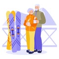 Happy elderly couple drinking hot tea, coffee at a ski resort. The concept of happy relationships, active leisure seniors. Vector