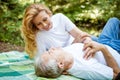 Senior couple on a picnic in the woods Royalty Free Stock Photo