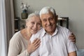 Happy elderly couple posing in home interior head shot portrait Royalty Free Stock Photo