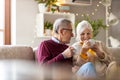 Happy elderly couple relaxing together on the sofa at home Royalty Free Stock Photo