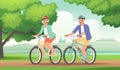 Happy elderly couple ride bicycle. Seniors on an active holiday. Grandparents in helmets ride sports bikes outside