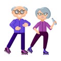 Athletic happy elderly couple in sport clothes on roller-skates