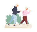 Happy elderly couple running at summer park vector flat illustration. Mature man and woman in sportswear having physical