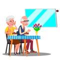 Happy Elderly Couple Sitting In Cafe And Watching In Digital Screen Vector. Isolated Illustration