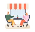 Happy elderly couple sitting at table of summer outdoor cafe vector flat illustration. Smiling mature man and woman