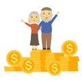 Happy elderly couple standing on stack of coins. Retirement saving and financial success in old age.