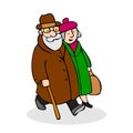 Happy elderly couple walking. Funny older man with a cane and a Royalty Free Stock Photo