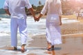 Happy elderly couple walking on tropical beach Royalty Free Stock Photo