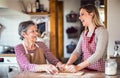 An elderly grandmother with an adult granddaughter at home, baking.