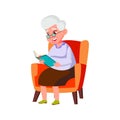 happy elderly lady sitting in living room armchair and reading interesting book cartoon vector