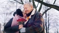 Happy elderly man giving bouquet of red roses to his wife in the park covered in snow. Valentines day Royalty Free Stock Photo