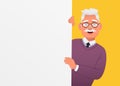 Happy elderly man with glasses looks out from behind an empty poster. A white poster for advertising