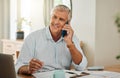 Happy elderly man with phone call, laptop or communication for home budget, consulting financial advisor or planning Royalty Free Stock Photo