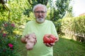 Happy elderly man with potato and tomato