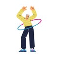 Happy elderly man twisting hula hoop around waist, flat vector illustration isolated on white background.