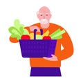 Happy elderly man with vegetables in a shopping basket. Healthy food, old age, longevity. Vector illustration in flat cartoon