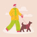 Happy  elderly man  walking with dog in cold winter park. Walk Your Dog Month.  Outdoor activity with pet. Trendy vector Royalty Free Stock Photo