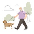 Happy elderly man walking with a dog at summer park. Joyful owner and domestic animal enjoying promenade outdoor.