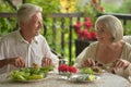 Happy elderly man and woman in casual outfits sitting at kitchen table, having healthy breakfast together at home Royalty Free Stock Photo