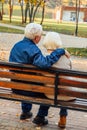 Happy elderly man and woman sitting on a bench in autumn day. Relaxed senior couple sitting on a park bench. Grandfather gently Royalty Free Stock Photo